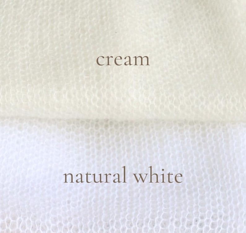 May include: A close-up view of two distinct fabric swatches with a fine, open-knit texture. The top section is labeled cream, and the bottom section is labeled natural white. Both fabrics feature a soft, semi-sheer appearance with a consistent mesh pattern.