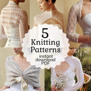 Könnte beinhalten: Bild mit fünf verschiedenen Strickmustern für Schals. Die Schals sind in verschiedenen Stilen und Farben, darunter Weiß, Creme und Grau. Das Bild enthält den Text "5 Knitting Patterns instant download PDF".