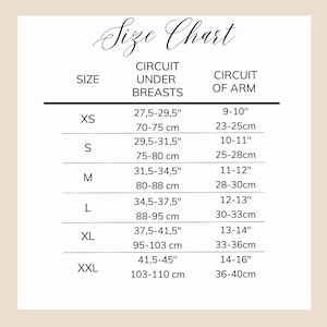 May include: A black and white size chart titled Size Chart with columns for Size, Circuit Under Breasts, and Circuit of Arm. It lists sizes XS through XXL with corresponding measurements in both inches and centimeters for each category.