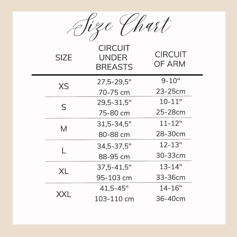 May include: A black and white size chart titled Size Chart with columns for Size, Circuit Under Breasts, and Circuit of Arm. It lists sizes XS through XXL with corresponding measurements in both inches and centimeters for each category.