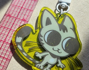 Llavero de gato atigrado verde neón y gris, llavero acrílico de doble cara con diseño de gato, regalo para dueños de gatos