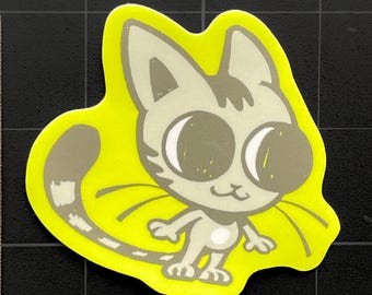 Pegatina de gato atigrado verde neón y gris, calcomanía artística laminada impermeable, regalo para amantes de los gatitos.