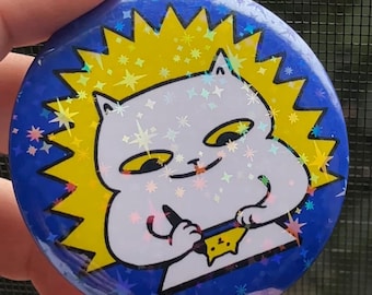Pin holográfico de gato artista / Ilustración de Flow State, 2,25" de diámetro