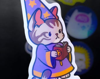 Pegatina holográfica de gato mago / Calcomanía impermeable para portátil con humor fantástico de D&D