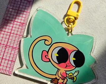 Llavero acrílico de mono masticador / Llavero chibi de plátano de la jungla / Regalo para amantes de los animales