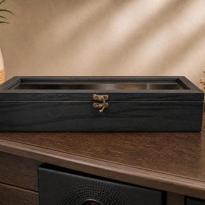 Puede incluir: Una caja de exhibici&oacute;n rectangular de madera negra con tapa de cristal y cierre color lat&oacute;n. La caja est&aacute; sobre una superficie de madera marr&oacute;n oscuro. Una planta decorativa y coral en el fondo.