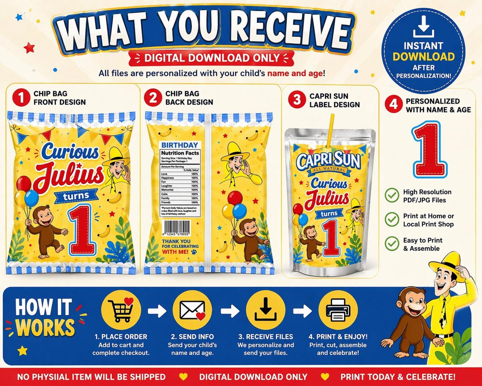 Curious Monkey Chip Bag, Capri Sun Template, Personalized Birthday ...