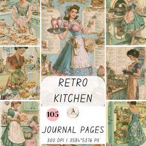 Könnte beinhalten: Eine digitale Sammlung von 105 Retro-Küchen-Journal-Seiten mit Illustrationen im Vintage-Stil von Personen in Kleidung der 1950er Jahre beim Kochen, Backen und Organisieren in Küchen. Die Seiten enthalten Text, Rezepte und Küchenmotive.