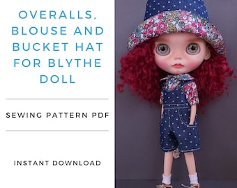 Naaipatroon voor overall, blouse en emmerhoed voor Blythe pop, INSTANT DOWNLOAD PDF patroon voor Blythe