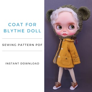 May include: A sewing pattern for a yellow coat with a brown and white plaid lining and a brown and white striped trim. The coat is designed for a Blythe doll. The pattern is available as an instant download.  COAT FOR  BLYTHE DOLL  SEWING PATTERN PDF  INSTANT DOWNLOAD