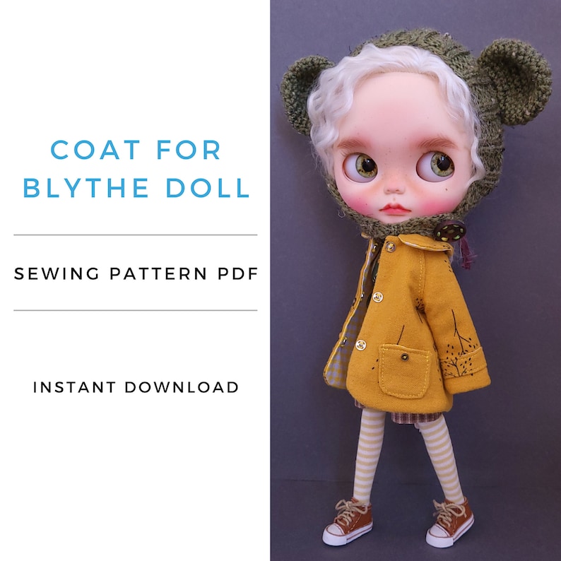 May include: A sewing pattern for a yellow coat with a brown and white plaid lining and a brown and white striped trim. The coat is designed for a Blythe doll. The pattern is available as an instant download.  COAT FOR  BLYTHE DOLL  SEWING PATTERN PDF  INSTANT DOWNLOAD