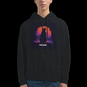 May include: Black hoodie featuring a graphic of a cat silhouette against a sunset backdrop with the text "VOID MODE". The cat is sitting, facing away from the viewer. The hoodie has a front pocket and a hood.