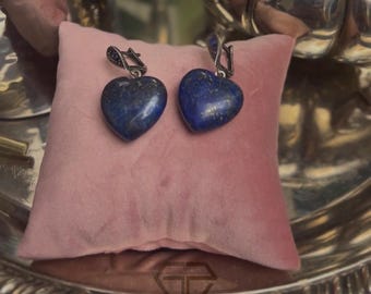 Lapis Lazuli Heart Earrings, Natural Blue Sapphire Silver Earrings