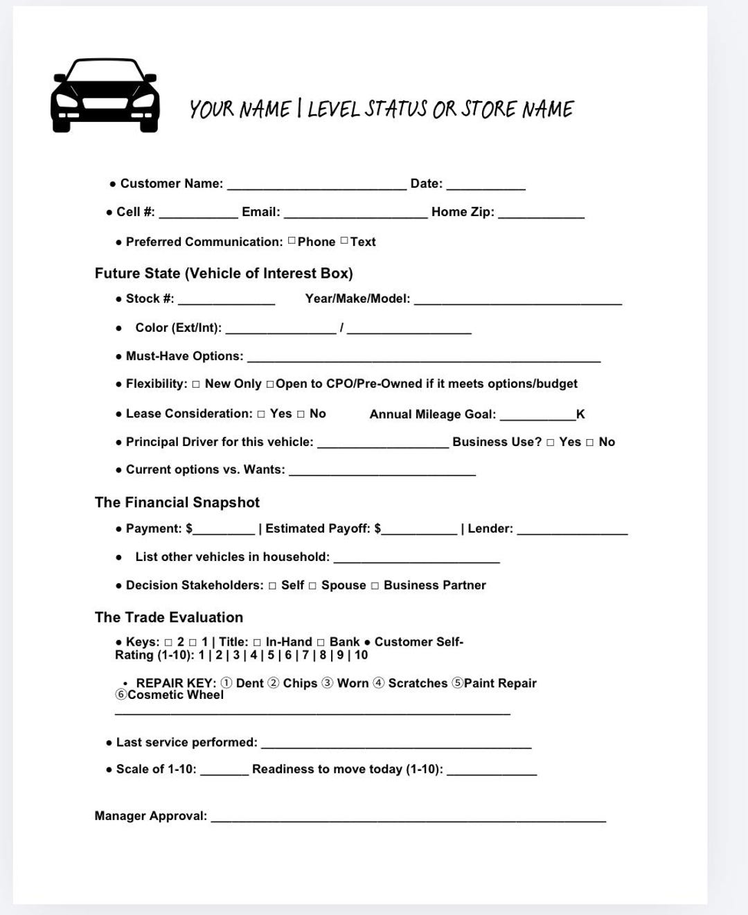 Car Sales Guest Sheet Template | Automotive Customer Intake Form | Gold ...