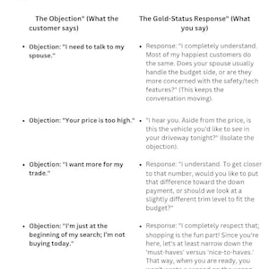 May include: A white document titled "THE OBJECTION 'CRUSHER' CHEAT CODE" with a list of common customer objections and suggested responses. The document is designed to help sales professionals handle customer concerns effectively.
