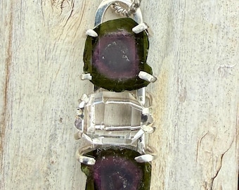 Watermelon Tourmaline (purple-toned) and Herkimer Diamond Pendant