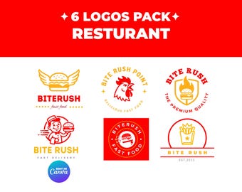 6 Retro Fast Food Restaurant Logos, Canva Branding Kit (Digital Download)