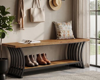 Solid Wood Entryway Bench With Lower Storage Shelf For Bedroom Or Living Room Wide Industrial Seating Solution For Two Adults.