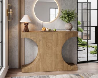 Modern Farmhouse Entryway Table with Sculptural Geometric Base for Narrow Hallways and Living Room Decor.