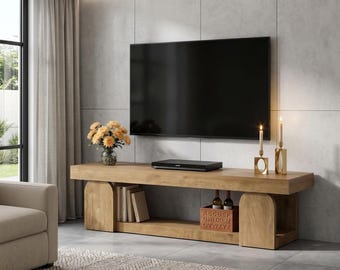 Large Wood TV Stand Media Console With Open Storage Shelf For Television Up To 65 Inch Farmhouse Living Room Entertainment Center Bench.