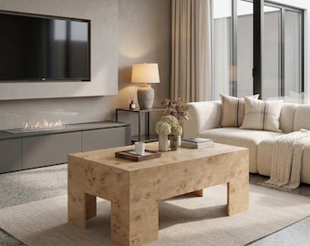 Modern Burl Wood Coffee Table Large Rectangular Center Table With Open Base For Living Room And Office Low Profile Minimalist Wood Furniture