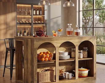 Large Kitchen Island Table with Open Storage Shelves, Refreshment Station