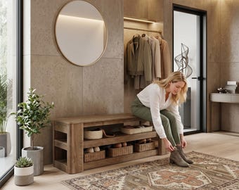 Large Entryway Shoe Rack Bench with Three Tier Storage Shelving and Wide Seating for Mudroom Organization.