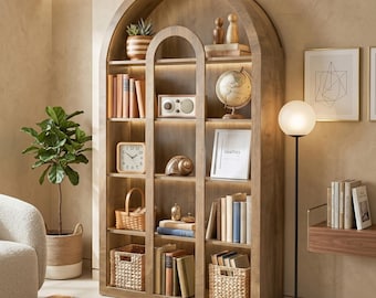 Large Arched Wood Bookshelf Five Tier Mid Century Modern Bookcase with Open Storage Shelves for Home Office Living Room and Bedroom.