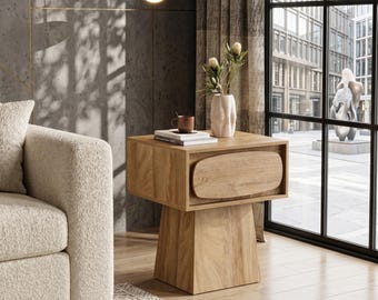 Modern Wood End Table with Storage Drawer, Pedestal Base Nightstand