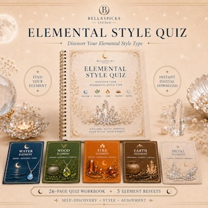 May include: A spiral-bound workbook titled Elemental Style Quiz with five accompanying element cards labeled Water, Wood, Fire, Earth, and Metal. The set includes a crystal ball, a shell bowl with pearls, and decorative dried flowers on a beige background.