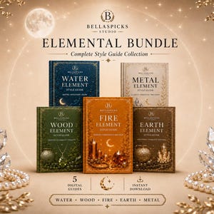 May include: A collection of five digital style guides titled Elemental Bundle by Bellaspicks Studio. The books are labeled Water, Metal, Wood, Fire, and Earth, each featuring thematic illustrations and text. The set includes five digital guides.