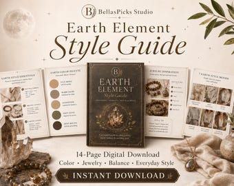 Guida di stile agli elementi della Terra in formato PDF, palette di colori dei cinque elementi e manuale di stile per gioielli, download digitale.