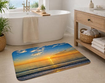 Ocean Sunrise Coastal Bath Mat | Beach Bathroom Decor, Nautical Rug