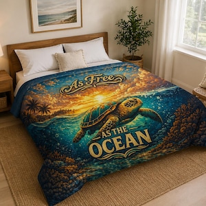 Sea Turtle Sunset Comforter | Coastal Ocean Bedding