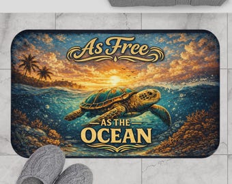Sea Turtle Ocean Scene Bath Mat | "As Free As The Ocean" Coastal Decor