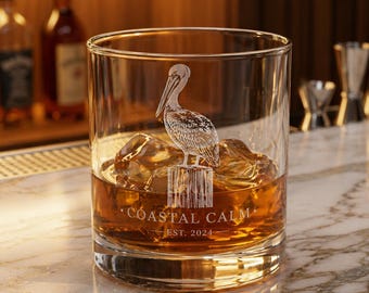 Vaso de whisky con grabado de pelícano / Artículos de bar para la playa