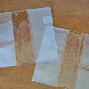 May include: Two clear plastic covers for notebooks or planners, each featuring multiple interior pockets and slots for organisation. The transparent material allows for visibility of contents, and the design includes small rectangular tabs.