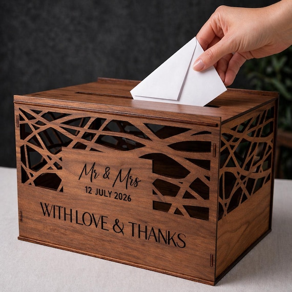 Woodland Personalized Wedding Card Box 11.8x7.9x8.1 Birch Walnut Stain