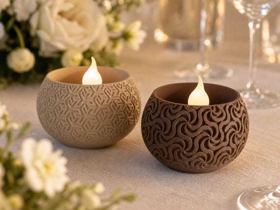 Desert Tan Star Maze and Dark Brown Pinwheel VowGlow holders in a warm wedding table setting