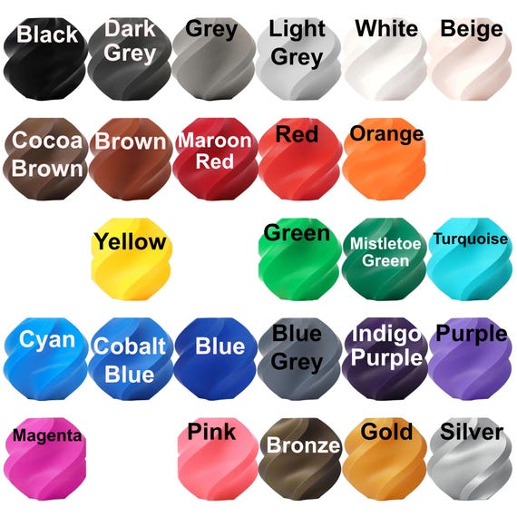 Color reference showing 26 raised-letter colors, from Black, White, Beige, and Brown through reds, yellow, greens, blues, purples, Pink, Bronze, Gold, and Silver.