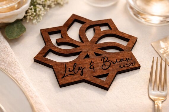 Petal Crest (Style B) Personalized Wedding Coaster, Custom Name & Date Favor, Geometric Birch Coaster Gift, shown in an additional close-up listing view with visible shape and details.