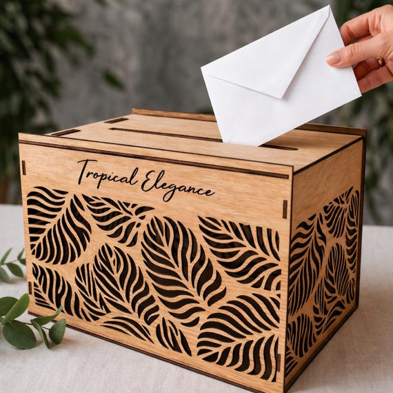 Tropical Leaf Personalized Wedding Card Box 11.8x7.9x8.1 Custom Engraved Birch Card Holder