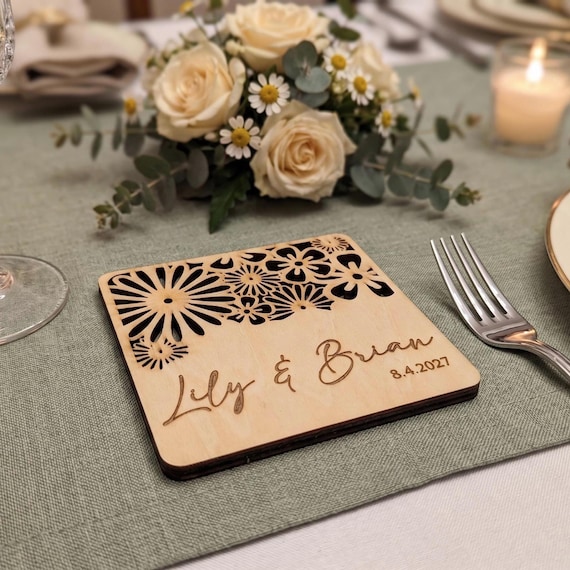 Wildflower Lace Personalized Wooden Wedding Coaster, Laser Cut Floral Design, Custom Name Date Keepsake, shown in an additional close-up listing view with visible shape and details.