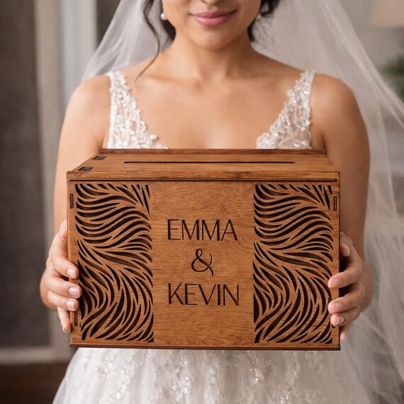 Aurora Personalized Wedding Card Box 11.8x7.9x8.1 Birch Wood Card Holder Walnut Finish, shown in listing image 4 with additional visible details or options.