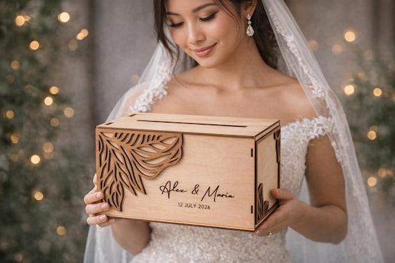 Nature's Personalized Wedding Card Box 11.8x7.9x8.1 Birch Wood Keepsake with Walnut Detail, shown in listing image 4 with additional visible details or options.