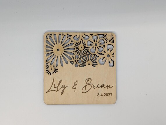 Wildflower Lace Personalized Wooden Wedding Coaster, Laser Cut Floral Design, Custom Name Date Keepsake, shown in another listing view highlighting visible design details.