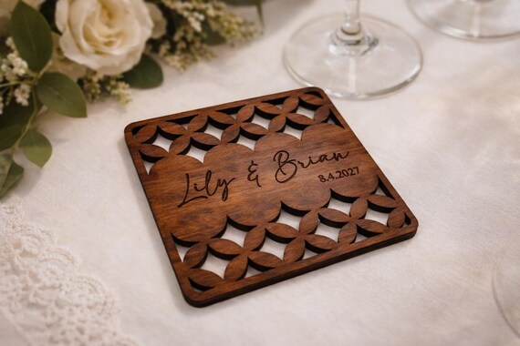 Lattice Bloom Personalized Wedding Coaster, Custom Names & Date, Birch Wood Favor, Elegant Table Decor, shown in an additional close-up listing view with visible shape and details.