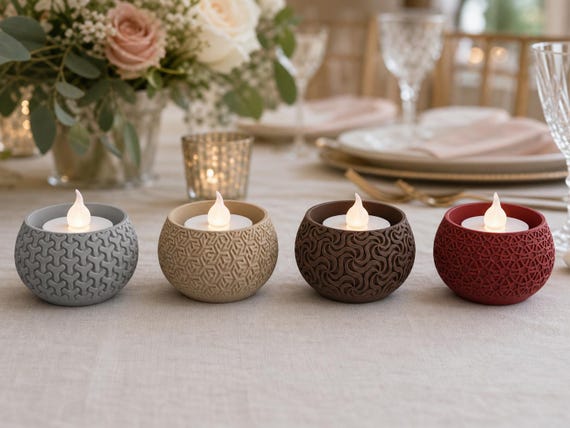 VowGlow Patterned LED Tealight Holder, Geometric Wedding Centerpiece, Reception Table Decor, 4 Styles, 25 Matte Colors