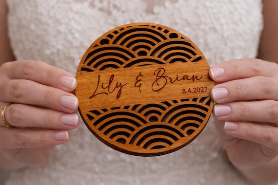 Seigaiha Waves Wedding Coaster (Style C) – Personalized Name & Date Favor