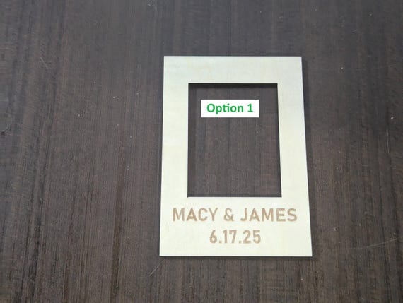 Close-up example of font choice one engraved on a personalized birch mini photo frame magnet.